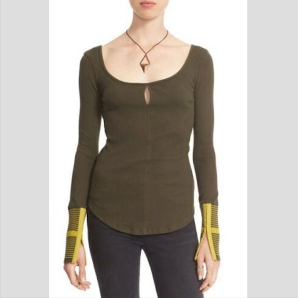 FREE PEOPLE Mod Stripe Cuff Tee in Green - L